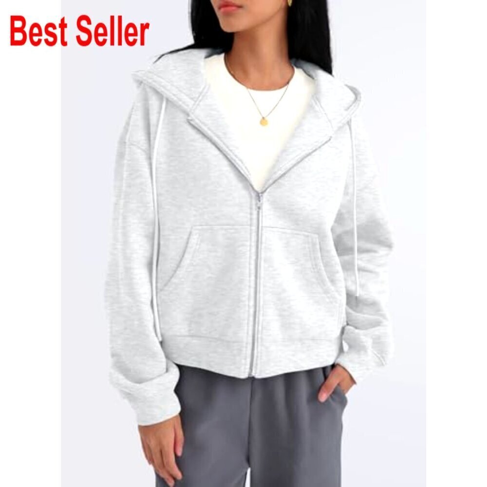 Cropped Zip Hoodie Women's Fleece Lined Lightweight Fall Winter Sweatshirt - Picture 2 of 5